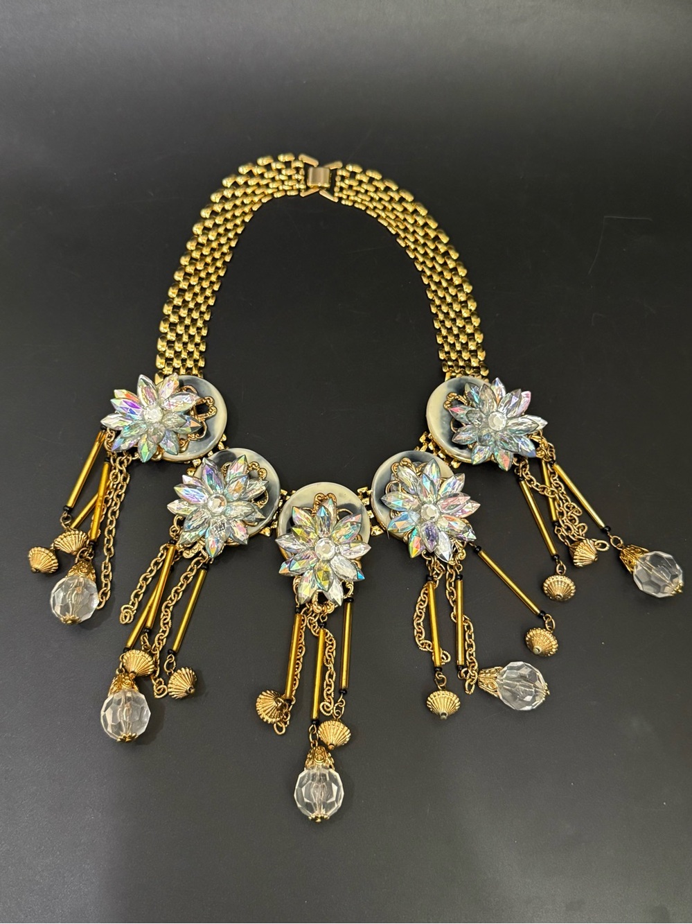 Vintage Gold-tone Flower Cluster Rhinestones Fringe Statement Necklace